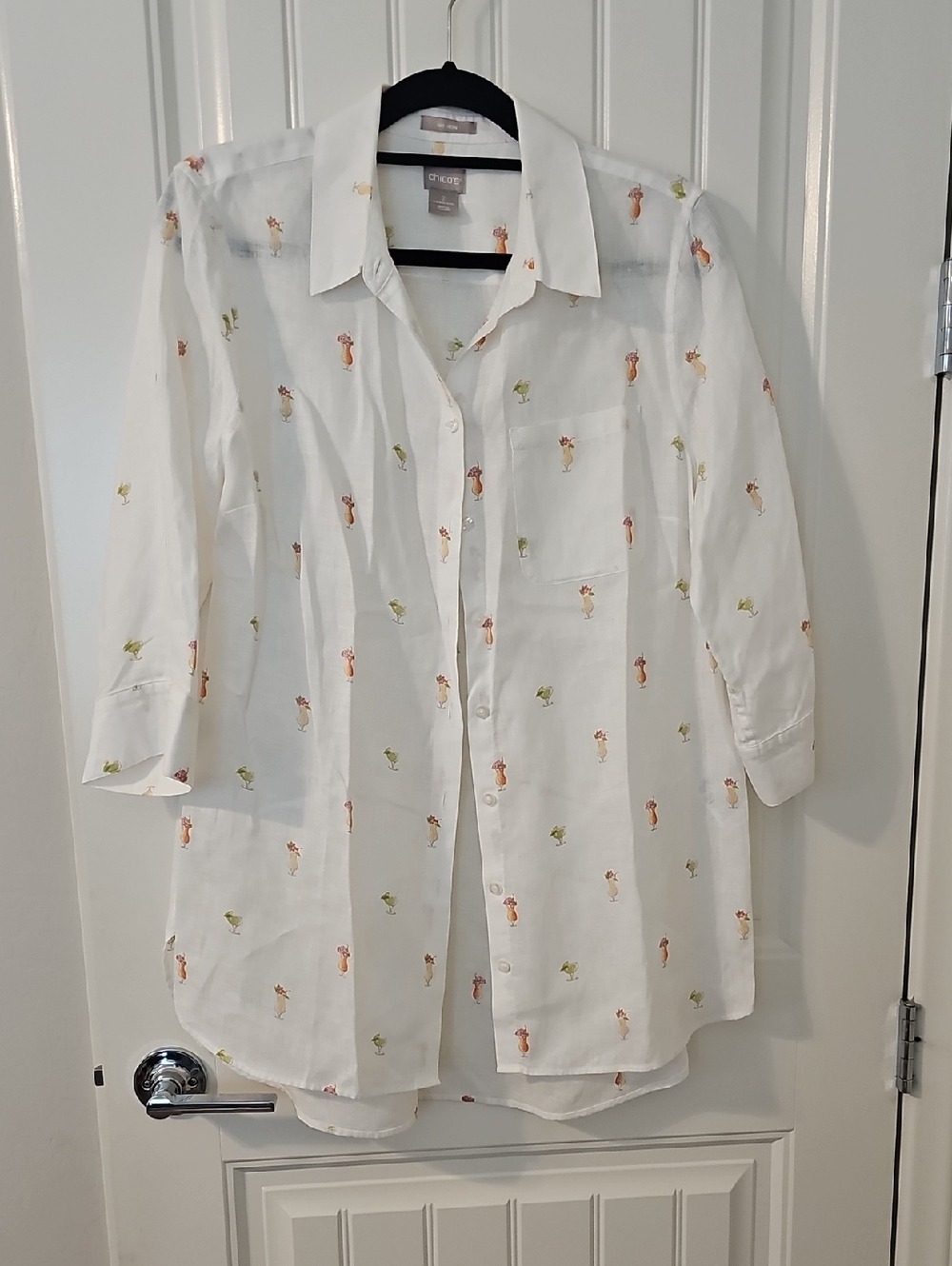 Chico's White Linen Sheer Button-Up Shirt with Tiny Cocktail Drinks Icons